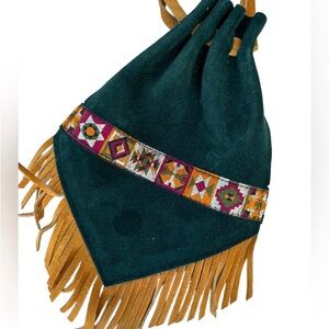 Vintage native American green suede leather drawstring fringe pouch bag